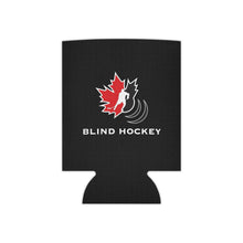 Load image into Gallery viewer, black can cooler with red and white Canadian blind hockey logo