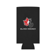 Load image into Gallery viewer, black can cooler with red and white Canadian blind hockey logo