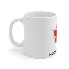 Load image into Gallery viewer, White Coffee mug with Canadian Blind Hockey Hockey Sonore logo on the front side view of mug
