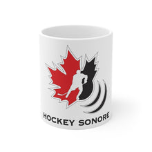 Load image into Gallery viewer, White Coffee mug with Canadian Blind Hockey Hockey Sonore logo on the front