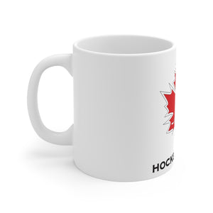 White Coffee mug with Canadian Blind Hockey Hockey Sonore logo on the front  side view of mug