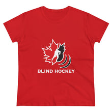 Load image into Gallery viewer, womens Red T shirt with Canadian Blind Hockey logo on the centre.  
