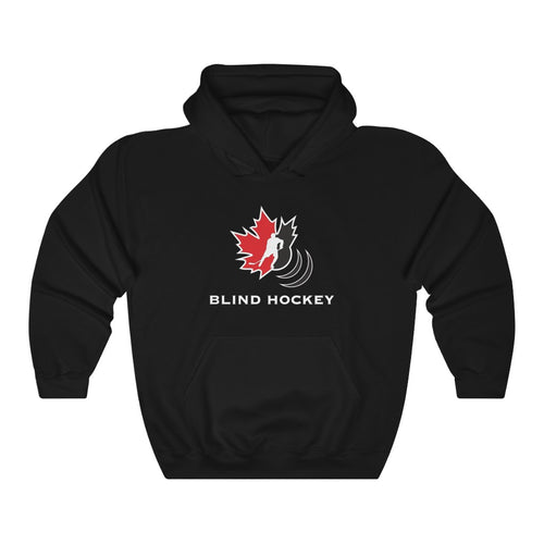 Black hooded sweater with the canadian blind hockey logo on the front of the chest in red, white and black colors. 
