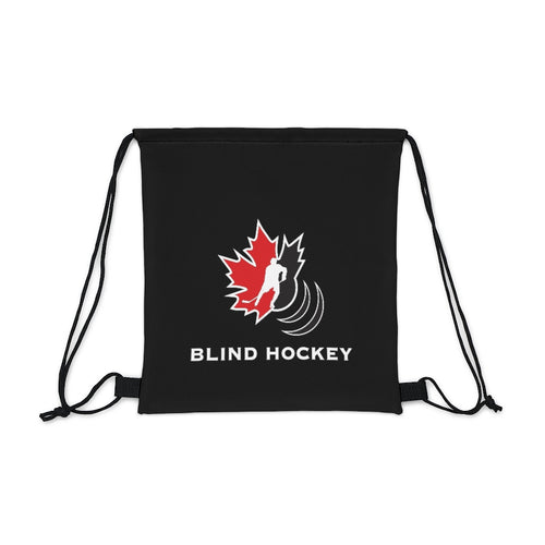 Black drawstring bag with canadina blind hockey logo in color 