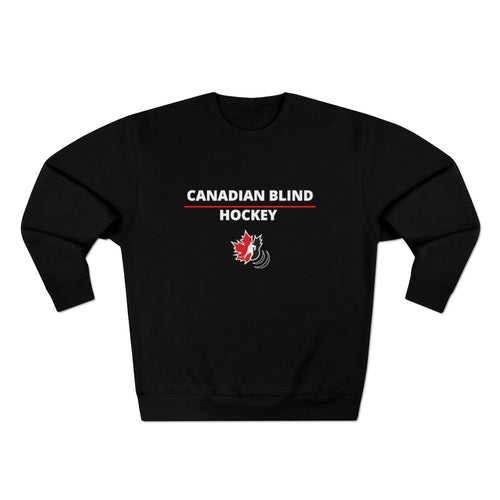 Black crewshirt with canadian blind hockey logo on the front of the sweater