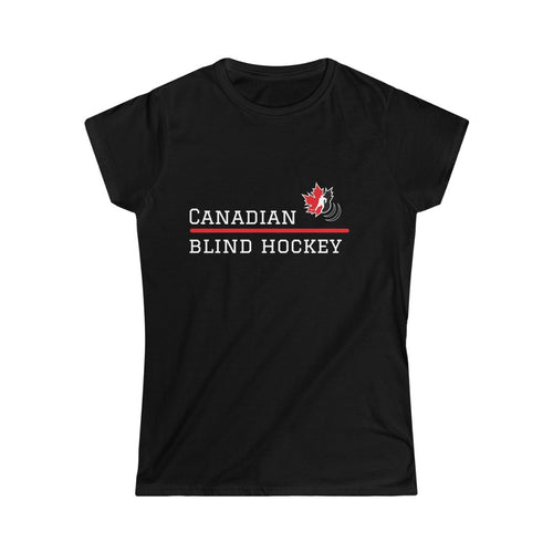 Black womens tee with the words canadian blind hockey and the logo 