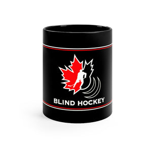 Black coffee mug with the Canadian Blind Hockey logo on the front