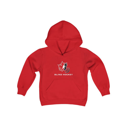 Youth red sweater with hood canadian blind hockey logo on the front centre.