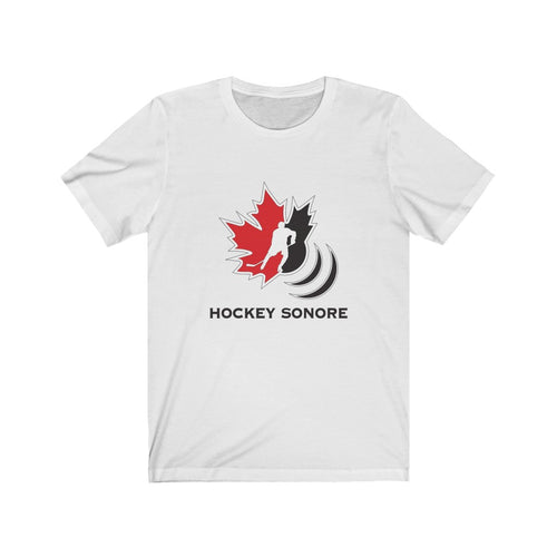 White T shirt with the Canadian Blind Hockey Hockey Sonore logo on the front centre
