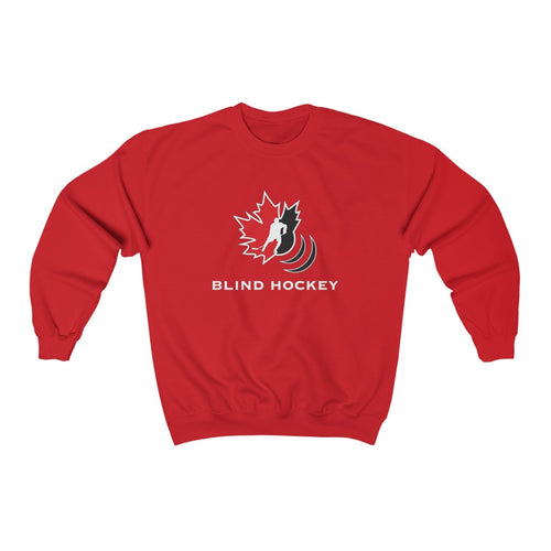 Red sweatershirt with Canadian Blind hockey logo on the front centre chest